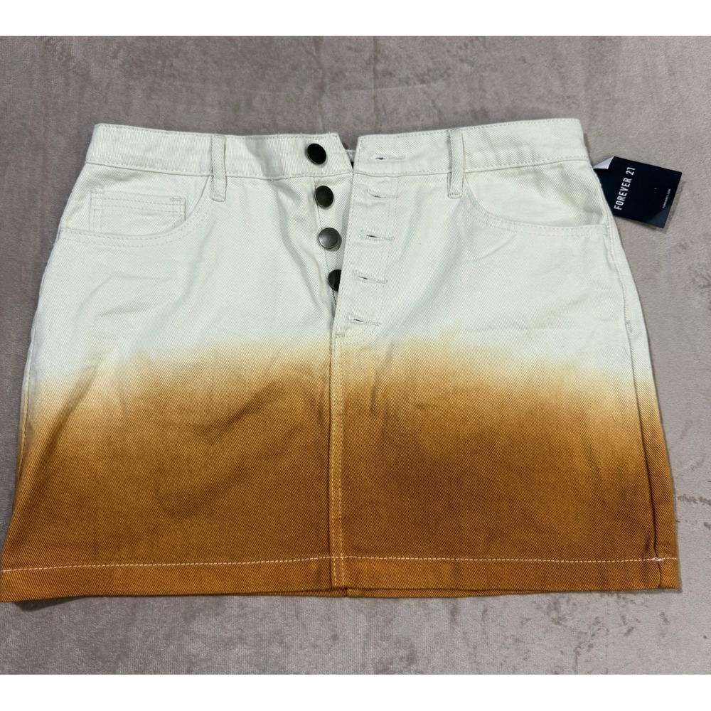 Forever 21 Ombre Dip Dye Denim Mini Skirt Off White Orange Button Fly Large NWT